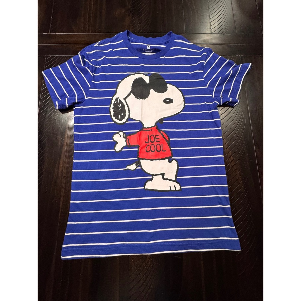 Peanuts Joe Cool Snoopy Striped Graphic T-Shirt Blue White Women Medium